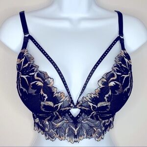 La Senza Beyond Sexy Ultimate Plunge Black and Gold Lace Bra Size 32DD